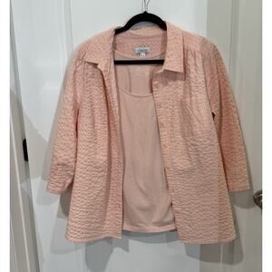 Denim & Co. Textured Cotton Blend Shirt/Tank Top Set Womens Sz Large Pink